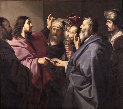 Jesus pointing to unholy coin in temple with elders